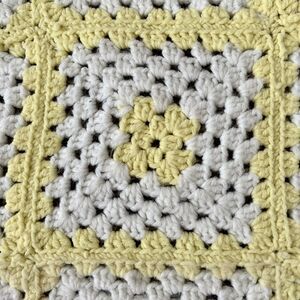 Vintage HandMade Crochet Baby Blanket Afghan Throw 58" X 46" Yellow White Square